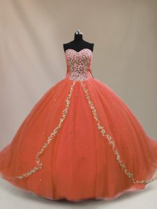 Cheap Orange Lace Up Sweetheart Beading Sweet 16 Dress Tulle Sleeveless Brush Train