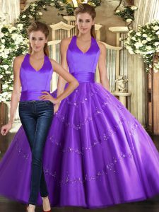 Purple Ball Gowns Halter Top Sleeveless Tulle Floor Length Lace Up Beading Vestidos de Quinceanera