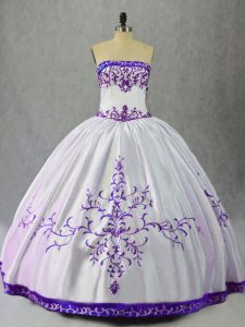 White And Purple Lace Up Scoop Embroidery Quinceanera Dress Satin Sleeveless
