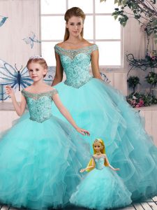 Aqua Blue Sleeveless Embroidery and Ruffles Floor Length Quinceanera Gown
