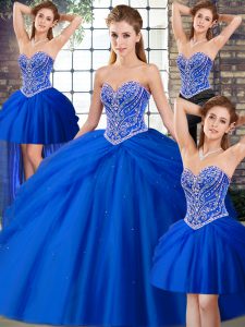 Exquisite Royal Blue Lace Up Quinceanera Gowns Beading and Pick Ups Sleeveless Brush Train