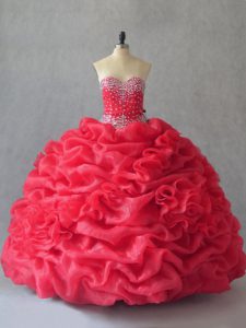 Luxurious Coral Red Lace Up Vestidos de Quinceanera Beading and Pick Ups Sleeveless Floor Length