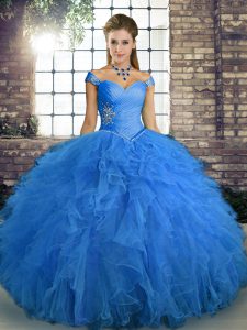Glittering Ball Gowns Quinceanera Gown Blue Off The Shoulder Tulle Sleeveless Floor Length Lace Up