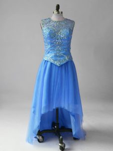 High Low Empire Sleeveless Blue Formal Evening Gowns Brush Train Lace Up