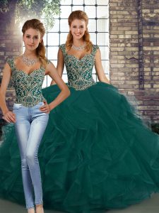 Custom Fit Sleeveless Tulle Floor Length Lace Up Sweet 16 Quinceanera Dress in Peacock Green with Beading and Ruffles