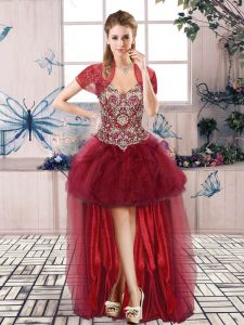 Stunning Burgundy A-line Off The Shoulder Sleeveless Tulle High Low Lace Up Beading and Ruffles Evening Party Dresses