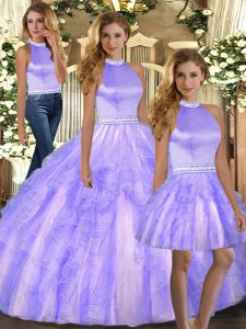 Halter Top Sleeveless 15th Birthday Dress Floor Length Beading and Ruffles Lavender Tulle