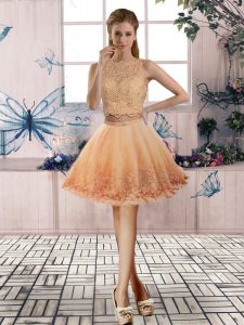 Hot Sale Mini Length Orange Dress for Prom Tulle Sleeveless Beading and Lace