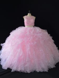 Colorful Two Pieces 15th Birthday Dress Baby Pink Scoop Organza Sleeveless Floor Length Zipper