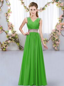 Pretty Green Chiffon Lace Up V-neck Sleeveless Floor Length Quinceanera Court Dresses Beading and Belt