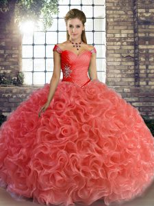 Floor Length Lace Up 15 Quinceanera Dress Watermelon Red for Military Ball and Sweet 16 and Quinceanera with Beading