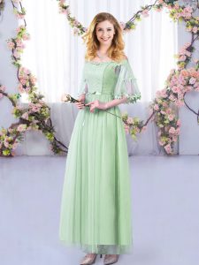 Vintage Floor Length Apple Green Dama Dress for Quinceanera Tulle Half Sleeves Lace and Belt