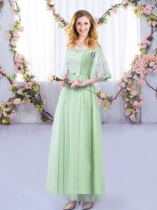 Vintage Floor Length Apple Green Dama Dress for Quinceanera Tulle Half Sleeves Lace and Belt