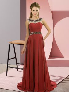 Scoop Sleeveless Prom Gown Brush Train Beading Rust Red Chiffon