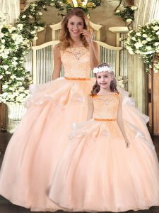 Clearance Peach Organza Zipper Scoop Sleeveless Floor Length 15 Quinceanera Dress Lace