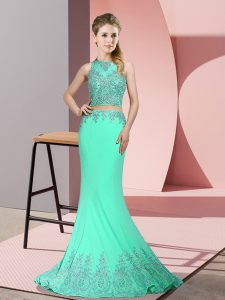 Popular Apple Green Sleeveless Sweep Train Beading and Appliques