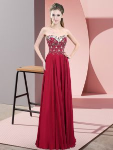 Classical Floor Length Wine Red Prom Dress Chiffon Sleeveless Beading