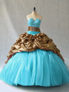 Aqua Blue Lace Up V-neck Beading and Pick Ups Quinceanera Gowns Organza and Printed Sleeveless