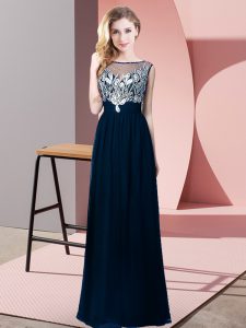 Decent Navy Blue Empire Chiffon Scoop Sleeveless Beading Floor Length Backless Prom Gown