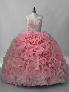 Best Pink Sweet 16 Dresses Sweet 16 and Quinceanera with Beading Sweetheart Sleeveless Brush Train Lace Up