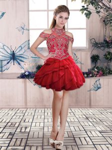 Clearance Red Homecoming Dress Prom and Party with Beading and Ruffled Layers Halter Top Sleeveless Lace Up