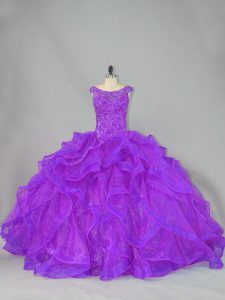 Modern Purple Scoop Lace Up Beading and Ruffles 15 Quinceanera Dress Brush Train Sleeveless