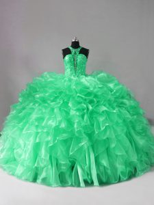 Green Lace Up 15 Quinceanera Dress Beading and Ruffles Sleeveless Brush Train
