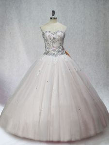 White Ball Gowns Beading Quinceanera Dress Lace Up Tulle Sleeveless Floor Length