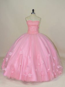 Unique Floor Length Lace Up Sweet 16 Dress Baby Pink for Sweet 16 and Quinceanera with Beading and Hand Made Flower