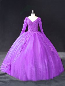 Lace and Appliques Quinceanera Gowns Purple Lace Up Long Sleeves Floor Length