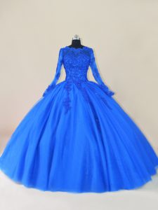 Scalloped Long Sleeves Quinceanera Dress Floor Length Lace and Appliques Royal Blue Tulle