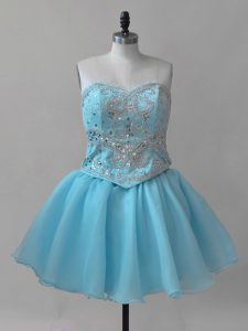 Baby Blue Ball Gowns Sweetheart Sleeveless Organza Mini Length Lace Up Beading Dress for Prom