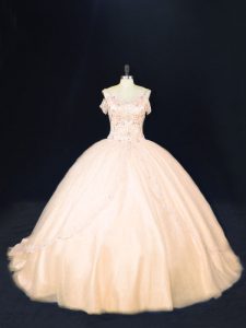 Deluxe Peach Sleeveless Beading Zipper 15th Birthday Dress