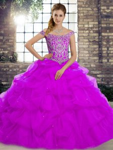 Delicate Sleeveless Brush Train Beading and Pick Ups Lace Up Quinceanera Gown