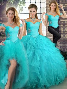 Cute Aqua Blue Tulle Lace Up Off The Shoulder Sleeveless Floor Length Quinceanera Dress Beading and Ruffles