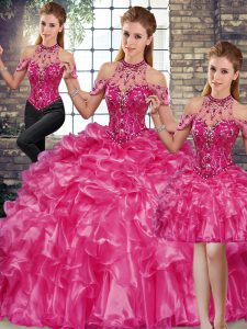Top Selling Fuchsia Sleeveless Beading and Ruffles Floor Length Quinceanera Dresses