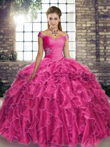 Hot Sale Off The Shoulder Sleeveless Brush Train Lace Up Quinceanera Gowns Fuchsia Organza