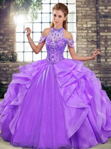 Beauteous Lavender Lace Up Halter Top Beading and Ruffles Sweet 16 Quinceanera Dress Organza Sleeveless