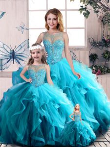 Scoop Sleeveless 15 Quinceanera Dress Floor Length Beading and Ruffles Aqua Blue Tulle