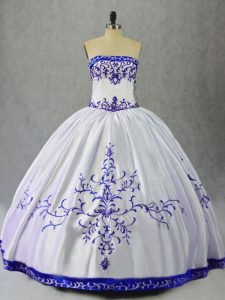 Shining Strapless Sleeveless Sweet 16 Dress Floor Length Embroidery Blue And White Satin