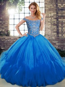 Best Blue Tulle Lace Up Off The Shoulder Sleeveless Floor Length Quinceanera Gowns Beading and Ruffles