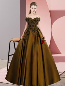 Classical A-line 15th Birthday Dress Brown Off The Shoulder Satin Sleeveless Floor Length Zipper