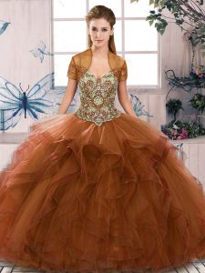 Suitable Off The Shoulder Sleeveless Lace Up Sweet 16 Quinceanera Dress Brown Tulle