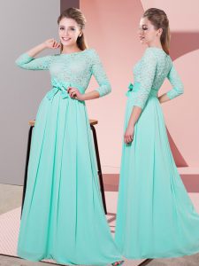 Chic Apple Green Chiffon Side Zipper Quinceanera Court Dresses 3 4 Length Sleeve Floor Length Lace and Belt