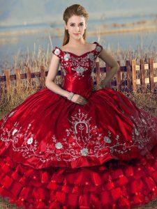 Pretty Red Satin Lace Up Off The Shoulder Sleeveless Floor Length Quinceanera Gown Embroidery and Ruffled Layers