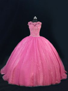Stunning Hot Pink Scoop Neckline Beading and Lace and Sequins Quinceanera Gowns Sleeveless Lace Up