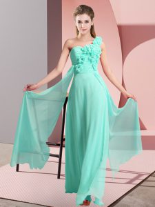 Sophisticated Chiffon One Shoulder Sleeveless Lace Up Hand Made Flower Court Dresses for Sweet 16 in Apple Green