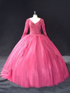 Hot Pink Ball Gowns V-neck Long Sleeves Tulle Floor Length Lace Up Lace and Appliques 15th Birthday Dress