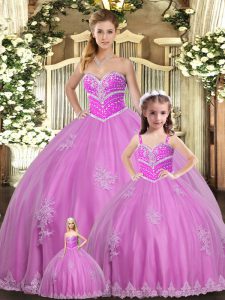 Floor Length Lace Up Sweet 16 Quinceanera Dress Lilac for Sweet 16 and Quinceanera with Beading and Appliques
