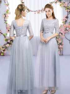 Floor Length Lace Up Quinceanera Court of Honor Dress Grey for Wedding Party with Lace and Belt